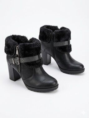 GUESS Black Faux Fur Trim Heeled Ankle Boots - Size 7.5 M Like New Y2K